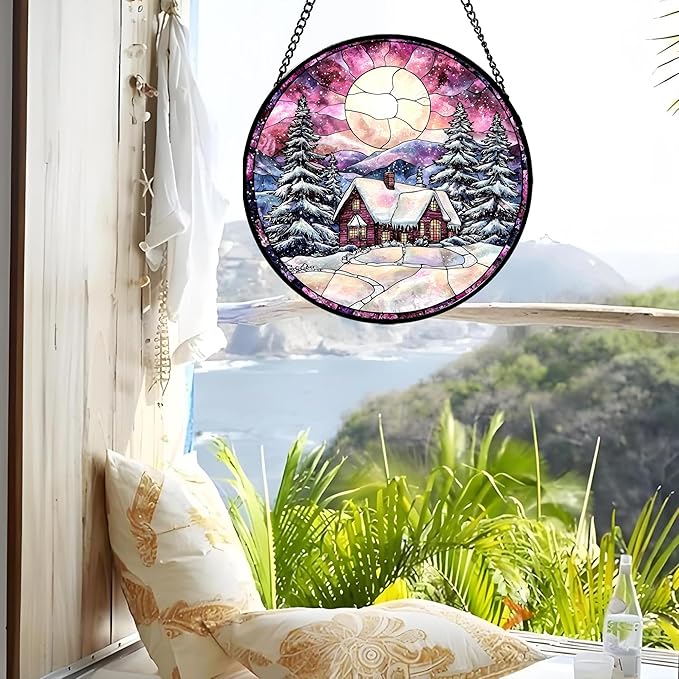 Stained Glass Window Hanging - Winter Snow Scene Cabin Moon Sun Catcher for Door Garden Home Decor Pine Tree Suncatcher Christmas Mother's Day Birthday Gifts for Women Men Mom Nana 9.8 in