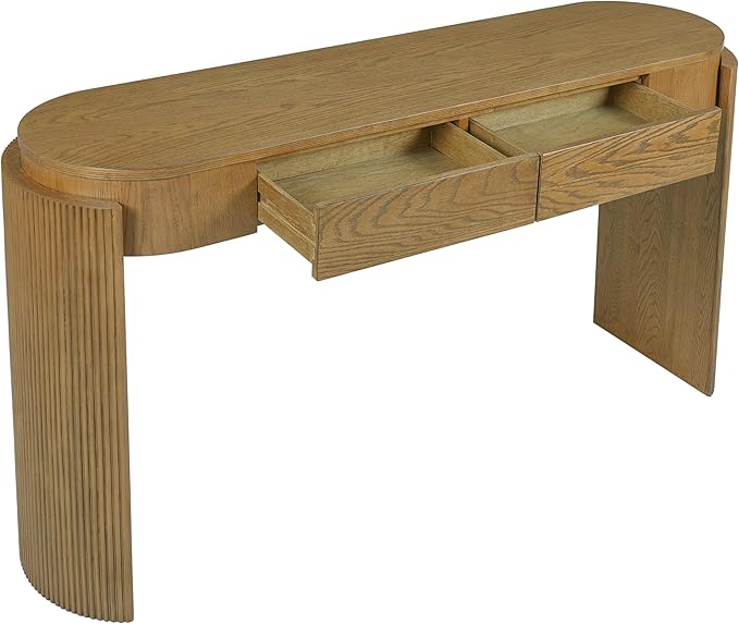 55.1" Entryway Narrow Console Table with Drawers, Oval Top & Fluted Legs, Natural Wood Grain Sofa Table for Hallway, Foyer, Behind Couch, Accent Table for Living Room, Solid Wood + MDF (Natural)