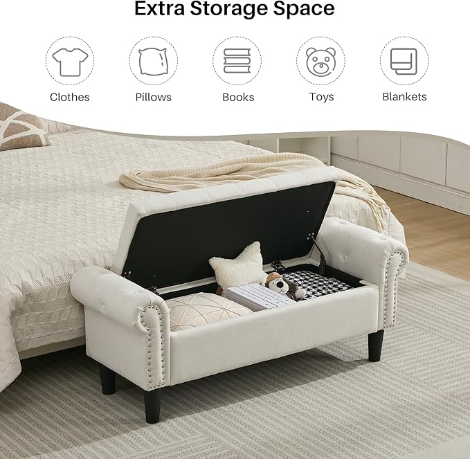 Storage Bench, 50" Queen End of Bed Bench, Linen Tufted Button Upholstered Bedroom Bench, Storage Ottoman with Rolled Arms, Window Bench with Storage, for Living Room, Entryway Beige