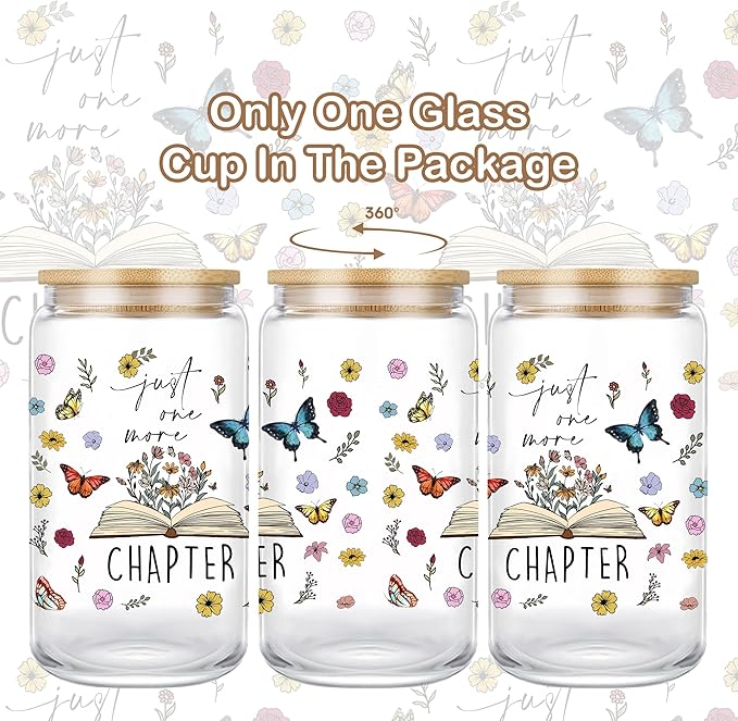 Book Lovers Gifts: 16 oz Glass Cups with Lid and Straw, Floral Butterfly Iced Coffee Can, Just One More Chapter