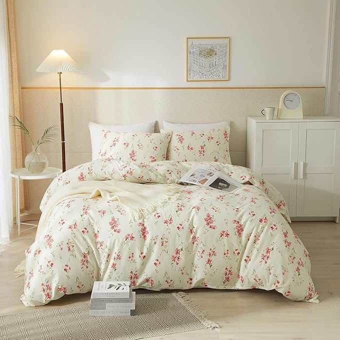 Boho Floral Duvet Cover King Soft Cotton Pink Floral Bedding Set King Chic Garden Style Cute Flower Pattern Duvet Cover Vintage Floral Botanical Comforter Cover 1 King Duvet Cover with 2 Pillowcases