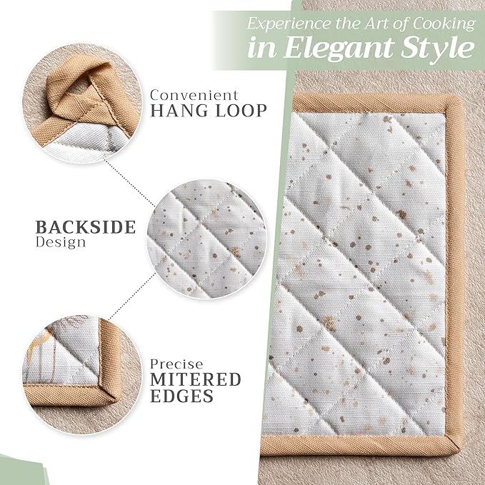Maison d' Hermine 100% Cotton Oven Mitt & Pot Holder Set (7.5"x13" & 8"x8") Heat Resistant BBQ Cooking Gloves with Loop, Grilling, Kitchen, Handling Hot Pans Spring/Summer (Meadow Florals - Beige)