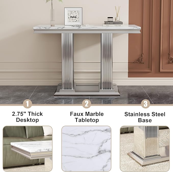47" Marble Console Table, Modern Entryway Table with Pillar Stainless Steel Base, Rectangle Faux Marble Sofa Table for Living Room, Hallway, Foyer, White Silver