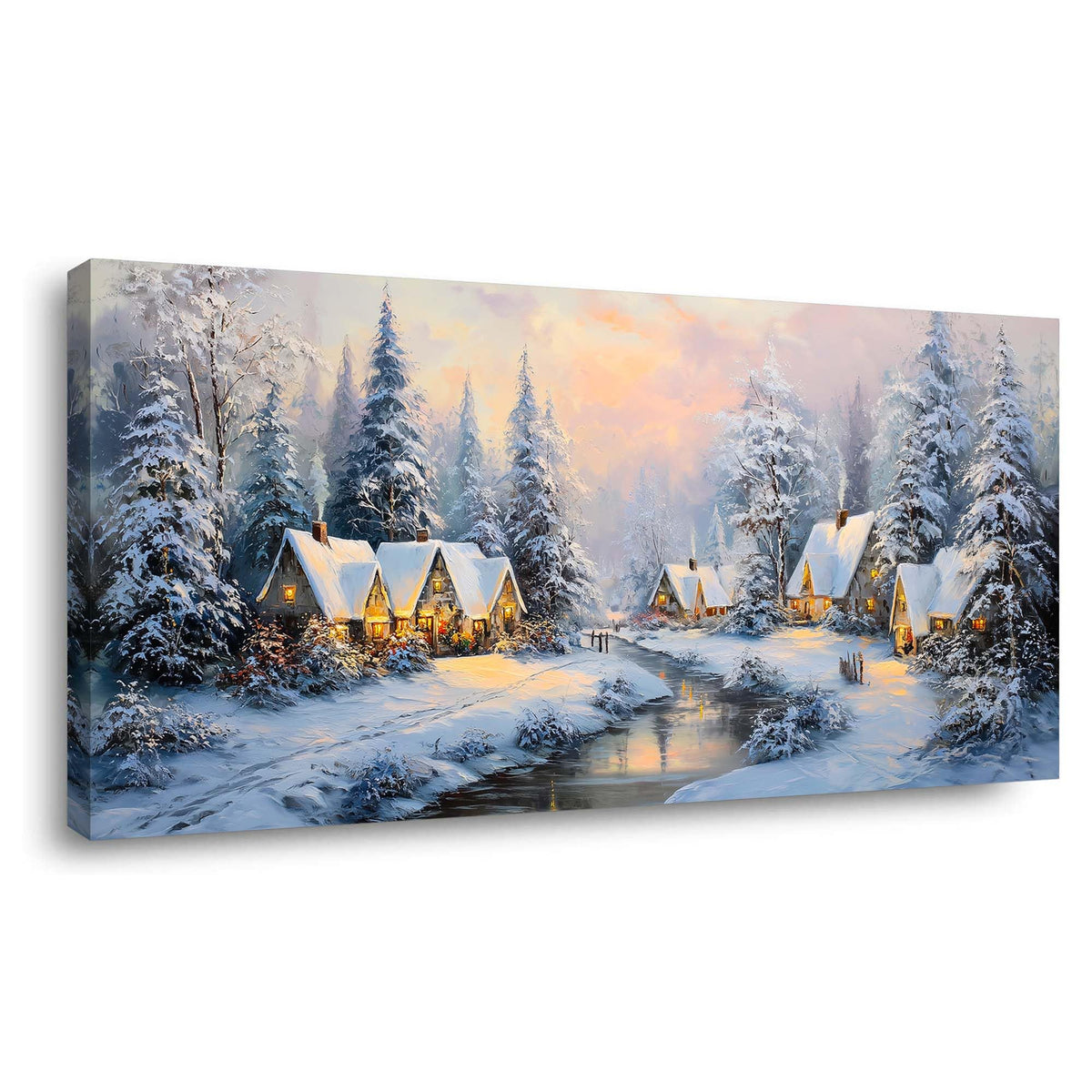 TEKMENT White Retro Cabin Wall Art for Bedroom Canvas Painting Prints Beautiful Snow Winter Forest Rustic Christmas Night Village Art Deco Nature Artwork Office Farmhouse Decor