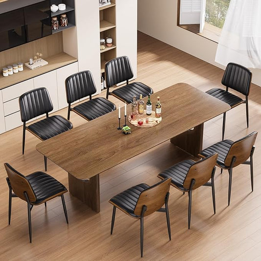 Dining Chairs Set of 8, FSC Certified Mid Century Modern Dining Room Kitchen Chairs, Upholstered PU Leather Vertical Stripe Chairs for Vanity with Walnut Bentwood and Metal Legs, Black