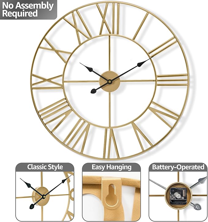 Sorbus Large Wall Clock for Living Room Decor – Easy to Hang 24-Inch Big Wall Clock – Metal Wall Art for Kitchen, Bedroom, Home, Office – Analog Decorative Wall Clock (Gold)