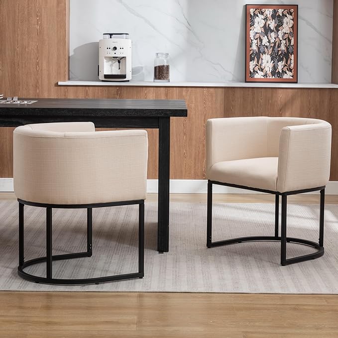 Linen Fabric Dining Chair Modern Barrel Arm Chairs with Black Frame Upholstered Kitchen Chairs 18.5" Wide Accent Chair for Living Room Dining Room Restaurant, Cream