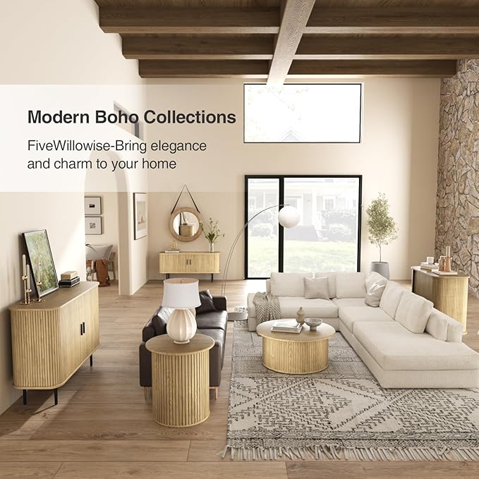 31''W Natural Buffet Sideboard Cabinet with Storage, Fluted Storage Cabinet with Curvy Edge; Sliding Door, Freestanding Accent Credenza, Console Table for Living Room, Kitchen, Hallway