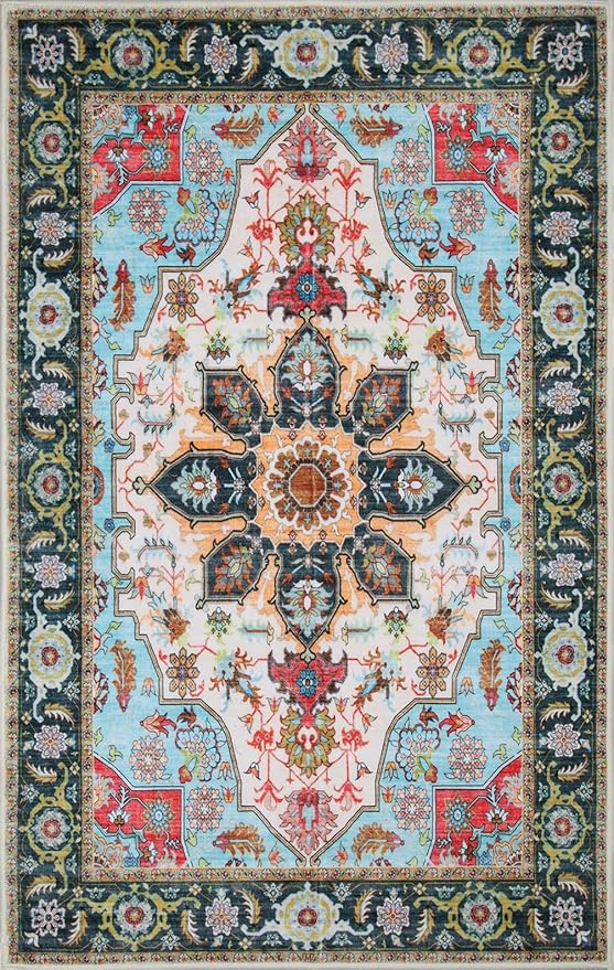 WILLSUN Washable Area Rugs, 3x5 Non-Slip Boho Large Area Rugs for Living Room, Bedroom, Machine Washable Vintage Rug, Indoor Floral Print Carpet for Home Decor, Kid & Pet Friendly Mat