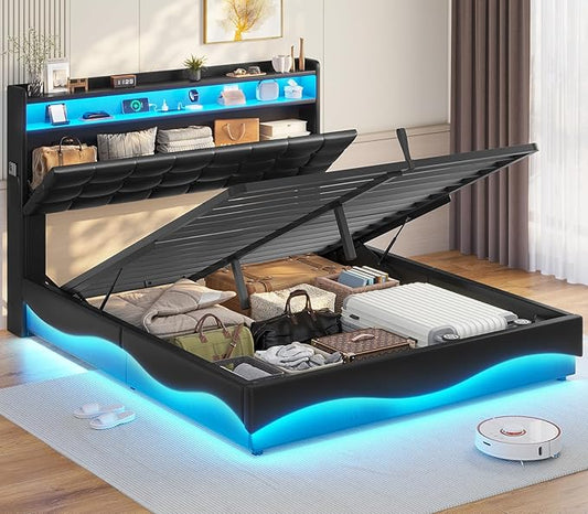 ADORNEVE Lift Up Storage Queen Bed Frame with Type-C Charging Station& Hidden Storage Headboard, LED Lights Upholstered Platform Bed,Queen Bed with Hydraulic, No Box Spring Needed,Black
