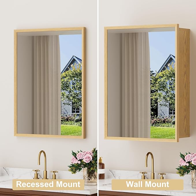 20x28 Inch Wood Medicine Cabinet with Mirror, Surface or Recessed Mounted Bathroom Cabinets with Adjustable Shelves, Soft-Close Hinges, Wall Mounted Cabinet for Storage, Oak-Grain