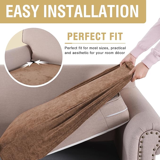 H.VERSAILTEX Stretch Chenille Couch Cushion Cover Soft Sofa Covers Individual Seat Couch Slipcover Sets Furniture Protector Seat Cushion Sofa Cover (3 Piece Sofa Cushion Covers, Caramel)