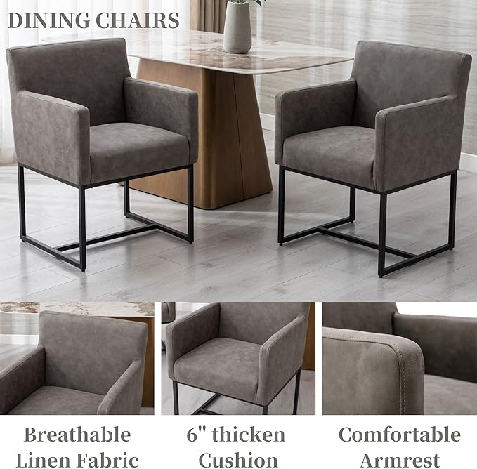 Set of 4 Upholstered Dining Chairs with Armrest, PU Leather Modern Accent Armchairs, Kitchen & Dining Room Chairs Side Chairs, Grey
