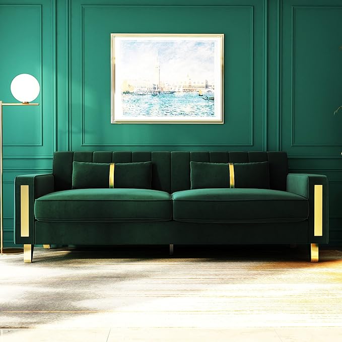 Couch 85.62" 3 Seats Sectional Velvet Fabric Sofa Easy Assemble Sofa Bed with 2 Couch Pillows,Gold Metal Legs for Living Room (P17, Green)