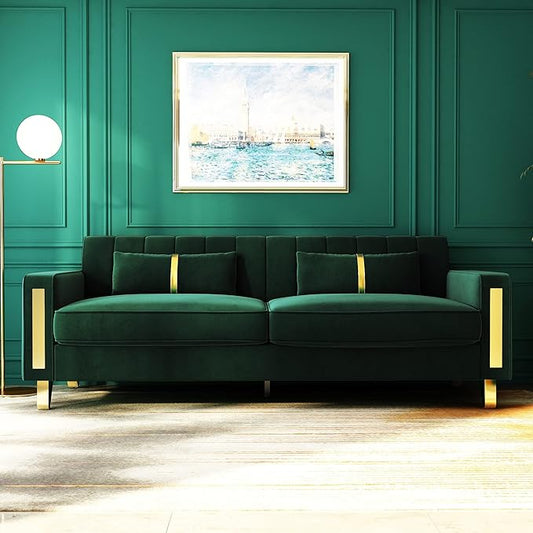 Couch 85.62" 3 Seats Sectional Velvet Fabric Sofa Easy Assemble Sofa Bed with 2 Couch Pillows,Gold Metal Legs for Living Room (P17, Green)
