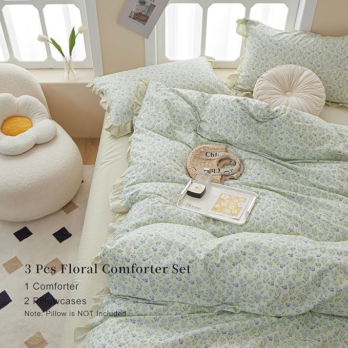 EAVD French Style Garden Floral Ruffled Comforter Set King White Fluffy Soft Microfiber Chic Blue Floral Bedding Set with 2 Pillowcases Fresh Botanical Comforter Set for All-Season