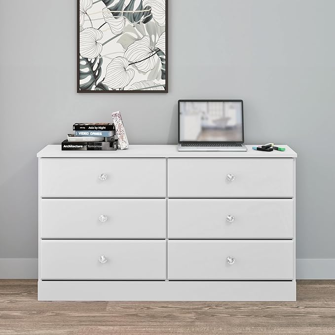 Prepac Astrid 6 Drawer Double Dresser for Bedroom with Crystal Knobs, Wide Chest of Drawers, Bedroom Furniture, Clothes Storage and Organizer, 15.5" D x 47.5" W x 26.85" H, White