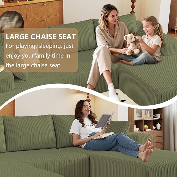 96" U-Shape Cloud Couch, Modern Modular Sectional L-Shape Sofa with Ottoman, Corduroy Upholstered Couches Deep Seat Sleeper Chaise Longue for Living Room, No Assembly Required(Green, Right Facing)