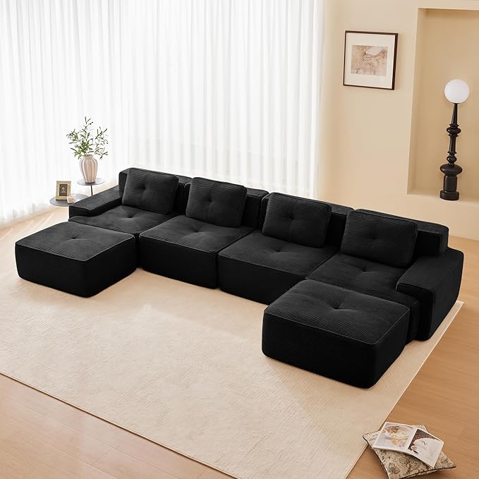 150.4'' Sectional Sofa, 32D Foam Corduroy Boneless Couch with Pillow, Deep Seat Wide Arm Sectional U Shaped Couch for Living Room, Apartment, Bedroom