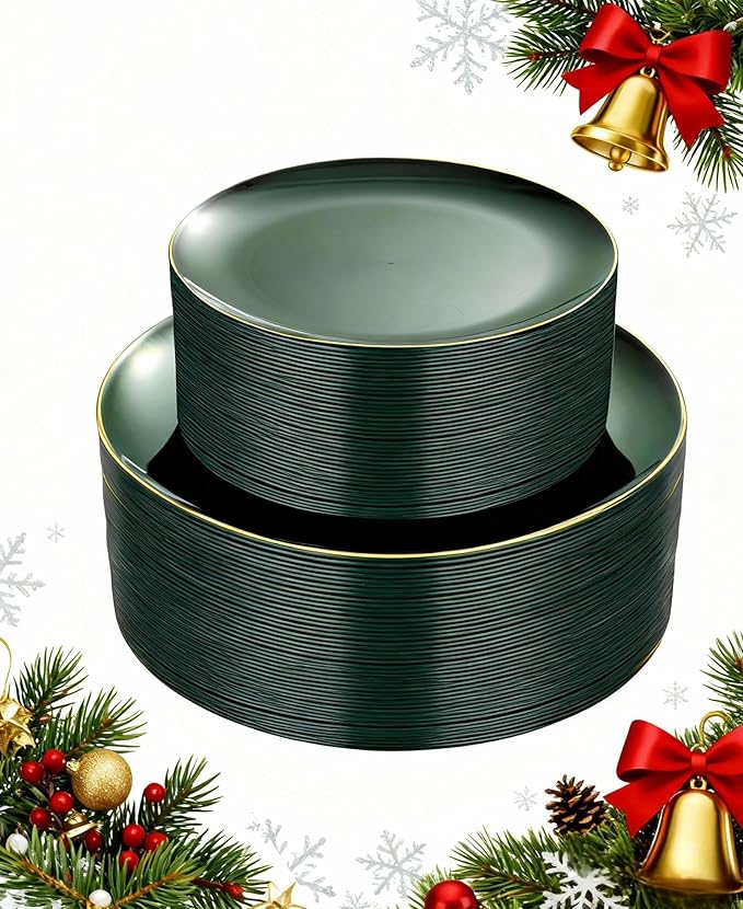 PULOTE 100PCS Green Plastic Plates - Green Disposable Plates With Gold Rim - Include 50 Pieces Dinner 10.25inch,50 Pieces Dessert 7.5inch for Party&Christmas