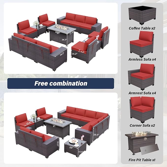 Kurapika 13 Pieces Patio Furniture Set, Rattan Wicker Outdoor Conversation Sets w/43in Propane Fire Pit Table(Red)