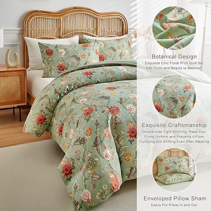 EAVD Vintage Garden Floral Comforter Set Queen Green Soft Microfiber Chic Vibrant Floral Bedding Comforter Set 1 Queen Bed Comforter and 2 Pillowcases Fresh Botanical Comforter Set for All-Season
