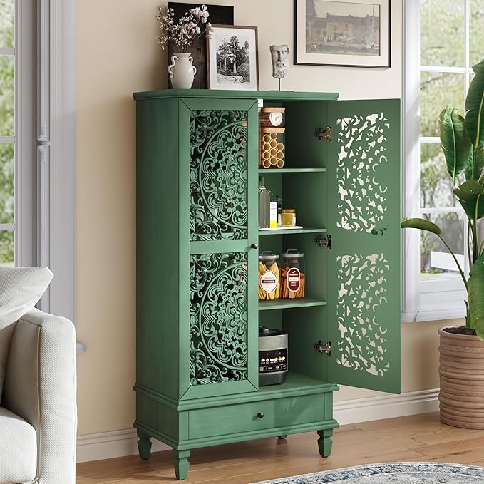 Rustic 55'' Tall Storage Cabinet with 2 Hollow-Carved Doors a Drawer, Wood Accent Cabinet with Solid Wood Legs for Living Room, Hallway, Dining Room (Antique Green-T)