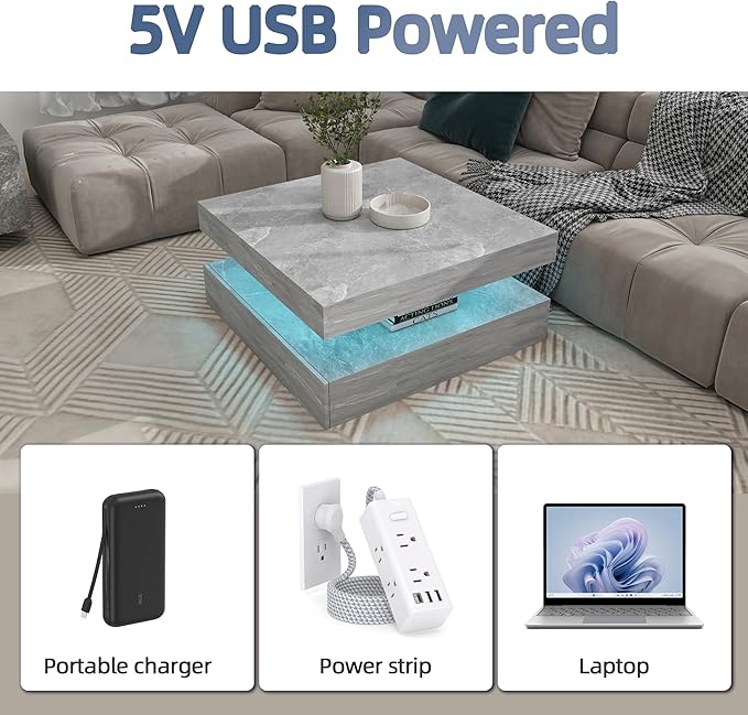 LED Coffee Table for Living Room, 2-Tier Modern Square Center Table with Music Sync Lights, High Gloss Surface, 30 3/4" x 30 3/4" (Grey)