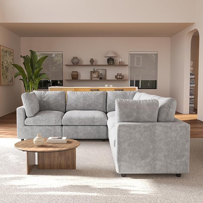 JACH V Shape Sectional Couches for Living Room, Deep Seat Convertible Modular Sofa, Cloud Sectional Couch, Sofa Covers Washable, Minimalist Couch for Living Room, Apartment, Light Grey