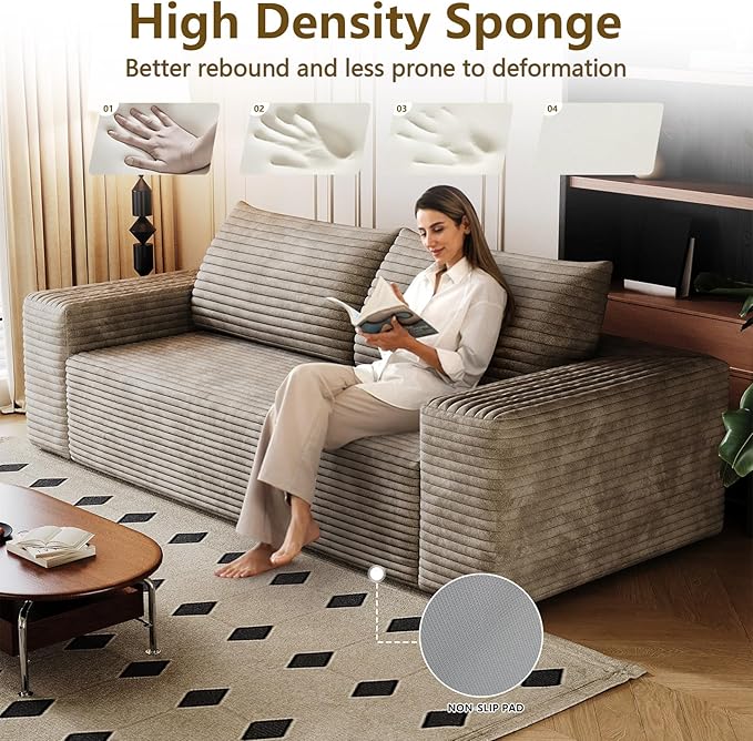 71" Boneless Loveseat Sofa - Cloud Couch with Memory Foam, Comfy Deep Seat - Corduroy Floor Sofa, No Assembly Required - Small Space Friendly for Living Room, Bedroom, Apartment, Corduroy, Camel