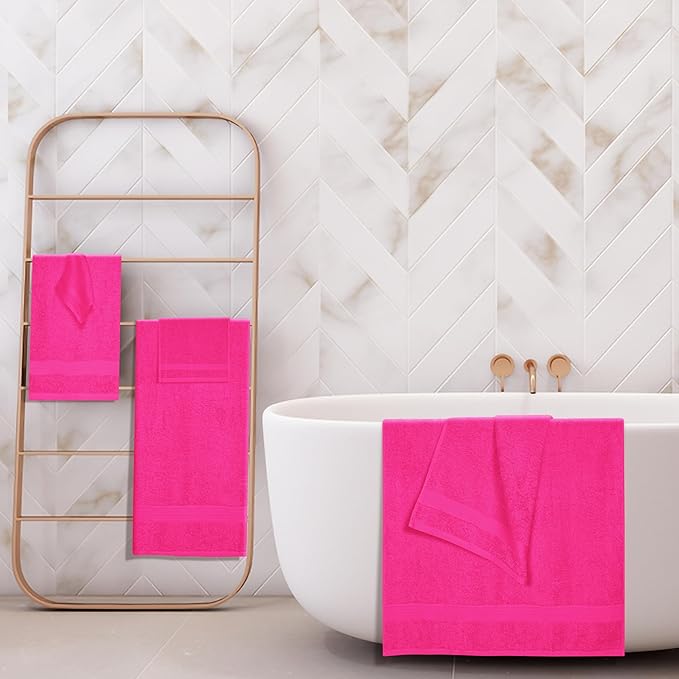 BOUTIQUO 6 Pack Cotton Towel Set, Contains 2 Bath Towels 27x54 inch, 2 Hand Towels 16x24 inch & 2 Wash Coths 12x12 inch, Ideal Everyday use, Ultra Soft Compact & Lightweight - Hot Pink