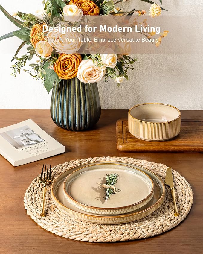 GBHOME Stoneware Dinnerware Sets for 4,Round Reactive Glaze Ceramic Plates and Bowls Set,Highly Scratch Resistant | Dishwasher & Microwave Safe Dishes Set,Service for 4(12Pcs),Barley Latte