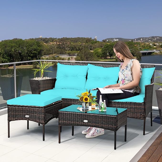 Tangkula 3 Pieces Patio Conversation Set, Outdoor PE Rattan Wicker Furniture Set W/Cozy Cushions, All Weather Sectional Sofa Set W/Tempered Glass Coffee Table for Poolside, Backyard, Garden