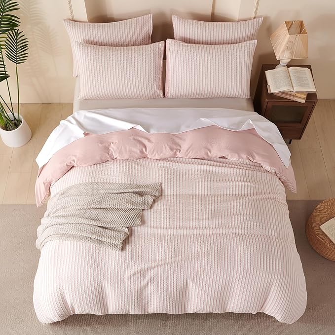 Pink Comforter King Size Set Striped 100% Soft Washed Microfiber Jacquard 3 Pieces Striped Bedding Sets Pink White Comforter for All Seasons and 2 Pillowcases Comfort Breathable