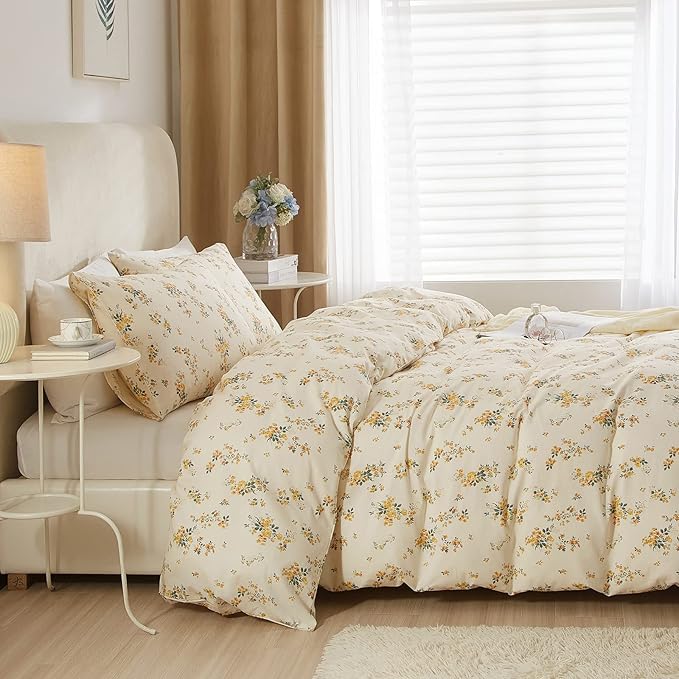 EAVD Vintage Style Garden Yellow Floral Comforter Set Queen White Soft Microfiber Chic Rose Floral Bedding Set with 2 Pillowcases Reversible Botanical Comforter Set for All-Season