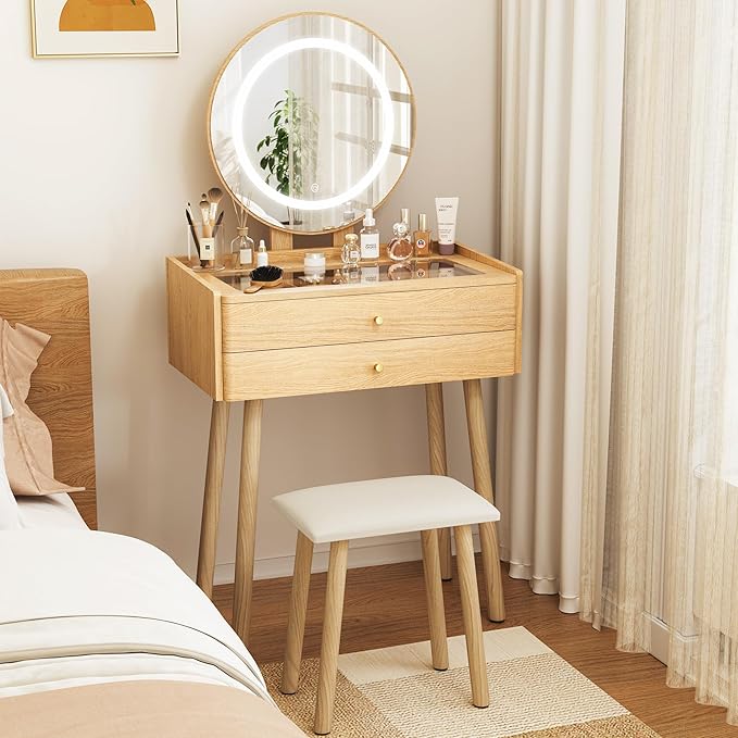 Small Vanity Desk with Mirror and Lights, Metal Handles with Cushioned Stool, 3 Lighting Modes Round Makeup Table with Glass Top, Compact Vanity for Small Spaces with 6-Grid Organizer, Natural Oak