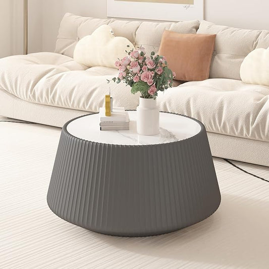 Grey Round Coffee Table with Sintered Stone Tabletop, 26.77" Drum Coffee Table with Fluted PU Leather Covered and Stable Base, Circle Cocktail Tea Table for Living Room