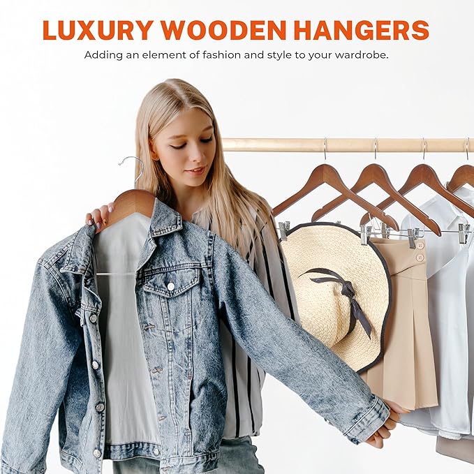 HOUSE DAY Wooden Hangers with Clips 12 Pack, Heavy Duty Walnut Wood Pants Hanger, Premium Skirt Hanger with Adjustable Clips, Solid Clip Hangers for Suit, Blouse, Dress, Coat, Jacket, Bottom
