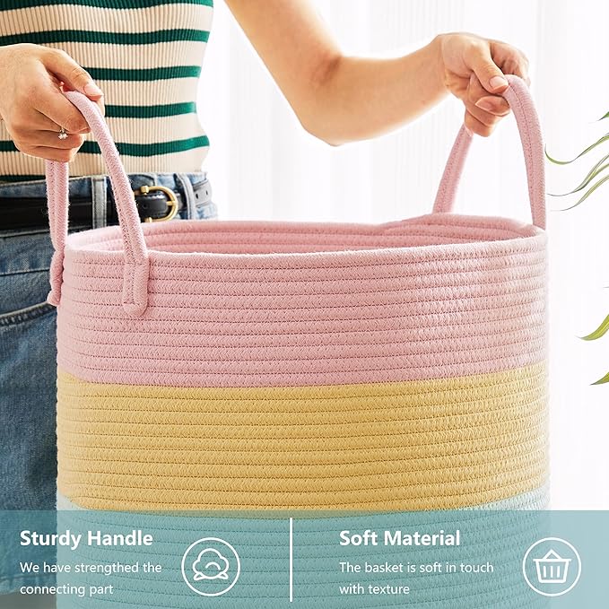 80L Extra Large Rainbow Baby Girls Hamper Laundry Basket for Kids Nursery Pastel Tall Blanket Basket for Toy Woven Rope Unicorn Clothes Hamper in Living Room Playroom Bedroom