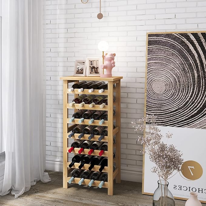 SMIBUY Bamboo Wine Rack, 28 Bottles Display Holder with Table Top, 7-Tier Free Standing Storage Shelves for Kitchen, Pantry, Cellar, Bar (Natural)