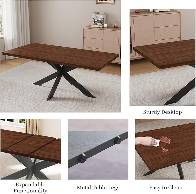 ZckyCine 7-Piece Dining Table Set with 51"-67" Extendable Walnut Wood Table and 6 PU Leather Chairs, Modern Rectangular Kitchen Table Set with Metal Legs, Seats 6, Easy Assembly