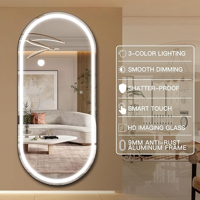FENNIO Full Length Mirror with Lights, 70"x32" LED Full Body, Wall Mounted Hanging Mirror for Bedroom, Salon, 3-Color Lighting, Brushed Aluminum Frame [Tempered Glass]