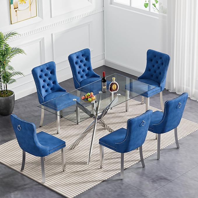 Goujxcy Glass Dining Table Set for 6, Modern Kitchen Table and Chairs Set of 6, 7-Piece Kitchen Dining Room Table Set w/51 Glass Metal Dining Table and 6 Blue Velvet Upholstered Chairs