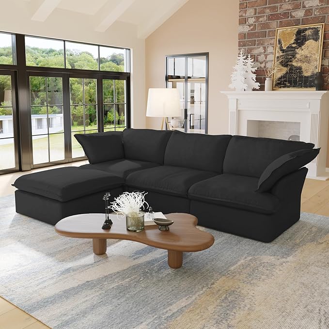 WJShome 122.82" Cloud Modular Sectional Sofa, L Shaped Couch Filled with Down, Minimalist Wide Deep Seat Couches for Living Room Apartment Lounge Bedroom (Black, 3 Seater+1 Ottoman)