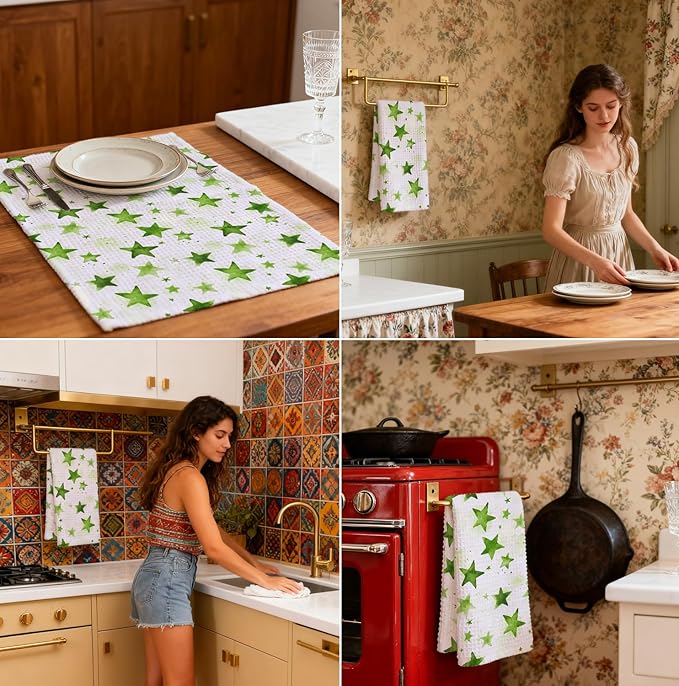 Watercolor Star Hand Towel, Star Waffle Towels, Nursery & Bathroom Hand Towel, 16x24 Inch Grass Green Dish Tea Towel Decor for Kitchen & Nursery & Bathroom, Gift for Friends & Homeowners.