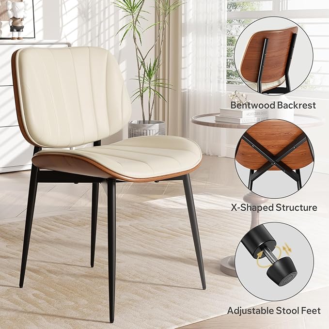 Dining Chairs Set of 2, Mid Century Modern Dining Room Chair, Upholstered Faux Leather Kitchen Chairs with Walnut Bentwood Back and Metal Legs for Kitchen Dining Room Living Room, Beige