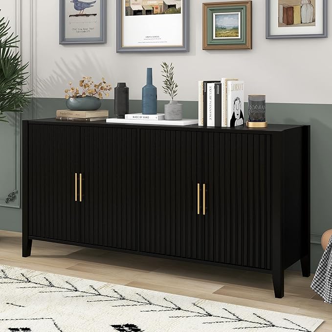 63 Inch Modern Console Table Sofa Table with 4 Doors and Metal Handles, Accent Buffet Sideboard Serving Storage Cabinet with Shelf for Living Room Kitchen (Black)