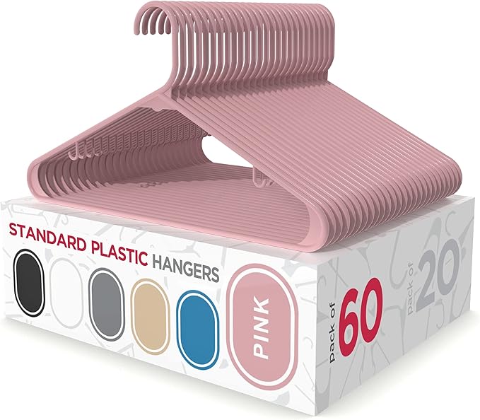 Sharpty Plastic Hangers Clothes Hangers for Clothing, Closet, Coats & Shirts - Durable, Thick, Tough & Space Saving - for Everyday Standard Use, Room Essentials & Basics - 60 Pack - Pink