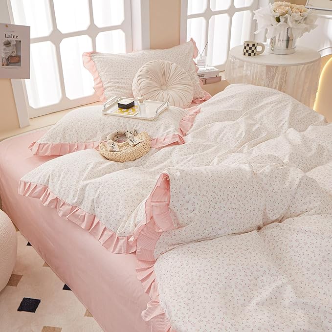 Pink Floral Ruffle Duvet Cover Twin 100% Cotton Pink Flower Duvet Cover Girls Romantic Comforter Cover Princess Lace Coquette Bedding Set Vintage Aesthetic Bedding Cute Flower Comforter Cover Twin