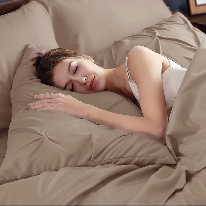 Bedsure Twin Comforter Set Khaki - Bed in a Bag Twin Size Bedding 5 Pieces, GentleSoft™ Pintuck Bed Set Gift for Family, Pinch Pleat Khaki Comforter with Sheets, Pillowcase & Sham